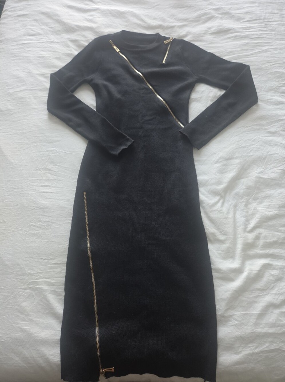 Black Bodycon Midi Dress with Gold Zipper